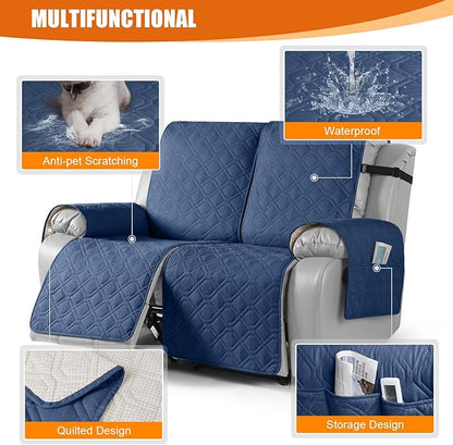 VANSOFY Waterproof Recliner Couch Covers, Sofa Covers 1-Piece Washable Reclining Sofa Cover Non-Slip Furniture Protector with Elastic Straps Pocket for Dogs, Pets(Ocean Blue,2 Seater)