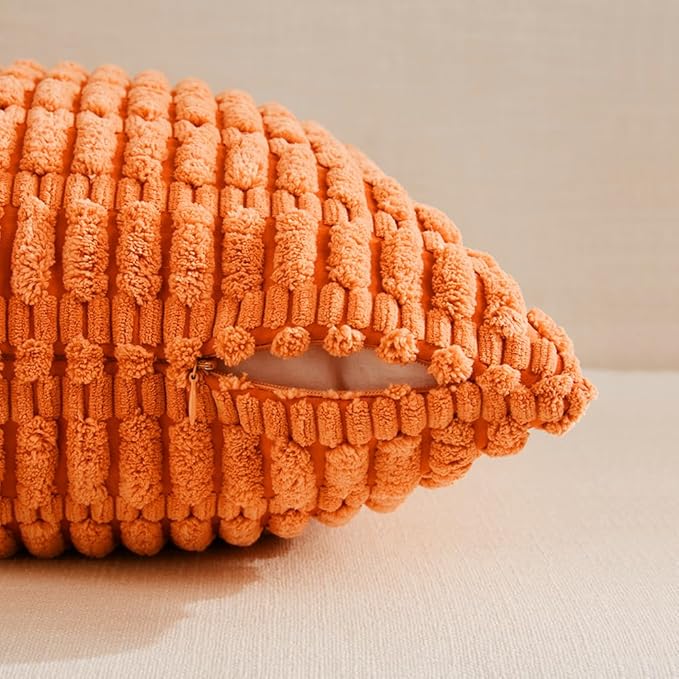 Fancy Homi 4 Packs Orange Fall Decorative Throw Pillow Covers 22x22 Inch for Couch Living Room Bed Sofa, Halloween Pumpkin Autumn Home Decor, Soft Cute Plush Corduroy Striped Cushion Case 55x55 CM