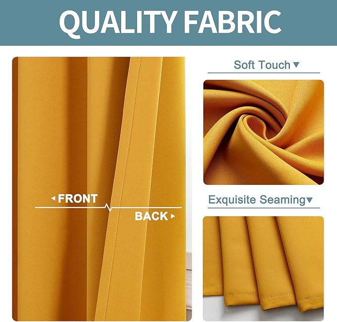 ChrisDowa Grommet Room Darkening Curtains for Bedroom and Living Room - 2 Panels Set Thermal Insulated Blackout Curtains (Mustard Yellow, 52W x 84L)