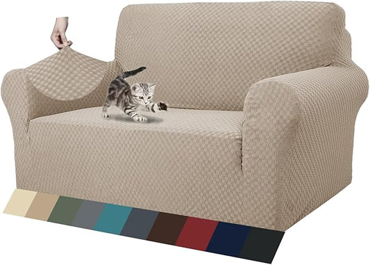ZNSAYOTX 1 Piece Jacquard Couch Covers for 2 Cushion Couch High Stretch Loveseat Slipcover for Pets Dogs Anti Slip Love Seat Sofa Slipcover Furniture Protector (Loveseat, Khaki)