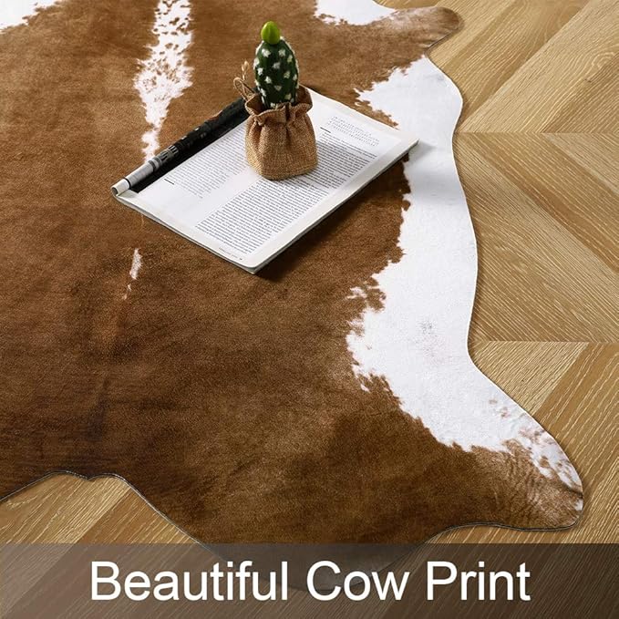 AROGAN Faux Cow Print Rug Large (4ft x 3ft) - Cow Print Area Rug with No-Slip Backing, Large Animal Skin Rugs for Living Room, Offfice, Room Decor, Brown