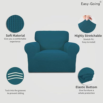 Easy-Going Stretch Chair Sofa Slipcover 1-Piece Couch Sofa Cover Furniture Protector Soft with Elastic Bottom for Kids, Pet. Spandex Jacquard Fabric Small Checks (Chair, Peacock Blue)