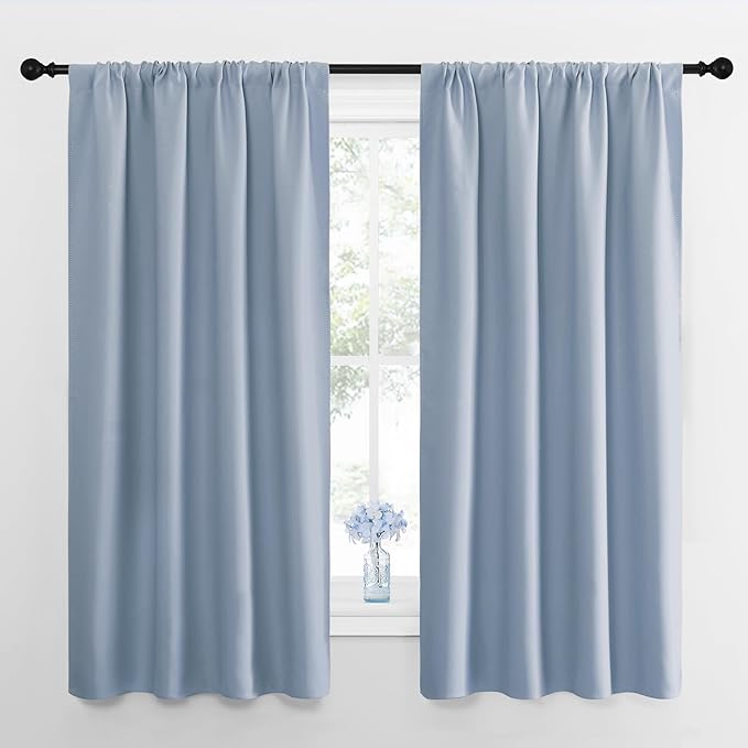 NICETOWN Bedroom Curtains Blackout Draperies, Vintage Blue, 1 Pair, 34-inch W x 63-inch L, Home Decorations Thermal Insulated Solid Pole Top Blackout Drapes for Living Room