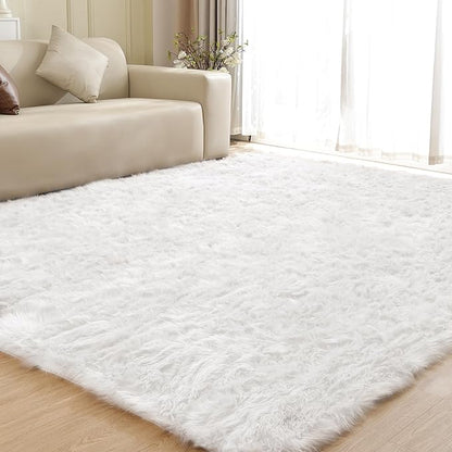 ORINOVA White Rugs for Living Room 6x9 Area Rugs for Bedroom Large Washable Faux Sheepskin Fluffy Fur Rug Nursery Rugs Room Décor