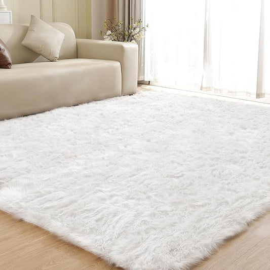 ORINOVA Shag Plush Rug 8x10 Area Rugs for Bedroom White Fluffy Living Room Rug Large Washable Faux Sheepskin Furry Fur Rugs for Nursery