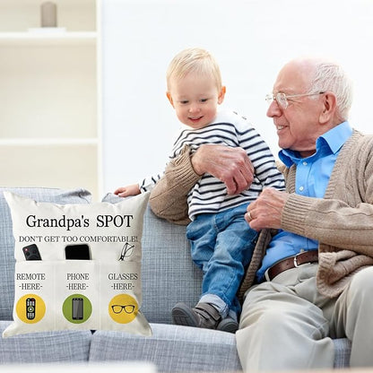 ONFAON Grandpa Gifts,Grandpa's Spot Throw Pillow Covers 18x18 Inch,Put Phone Glasses and Remote Control Pillowcase,Birthday Christmas Thanksgiving Day Gifts for Grandpa Stepdad,3-Pocket