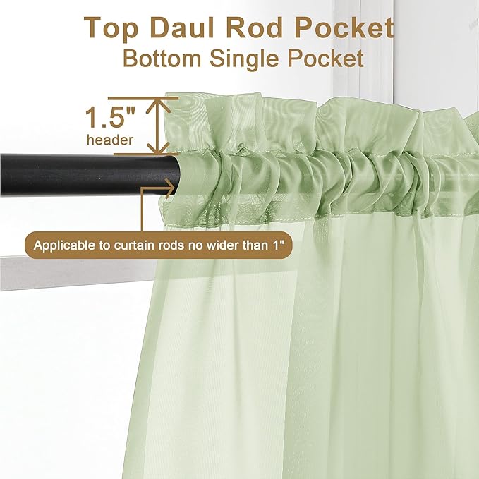 Chyhomenyc Light Green Sheer Valances for Windows - Light Filtering Small Kitchen Curtains, Rod Pocket Short Top Window Treatment Decor for Living Room Bathroom Basement, 42Wx16L inches, 2 Panels