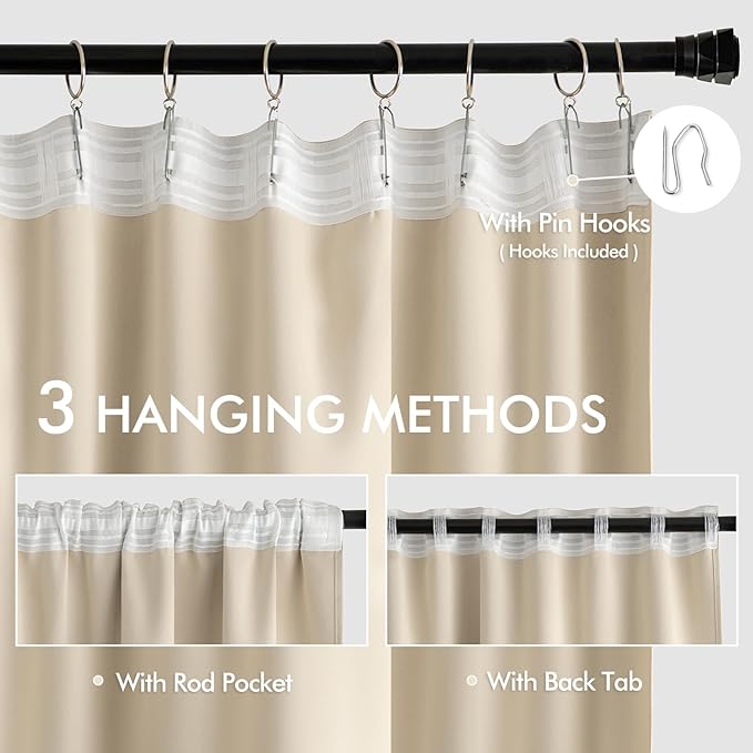MIULEE Cream Beige Back Tab Light Blocking Curtains 63 Inch Length 2 Panels Set for Living Room Bedroom Privacy, Rod Pocket/Pinch Pleat Thermal Insulated Room Darkening Pleated Blackout Drapes
