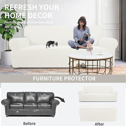 Easy-Going Stretch Oversized Sofa Slipcover 1-Piece Sofa Cover Furniture Protector Couch Soft with Elastic Bottom for Kids, Polyester Spandex Jacquard Fabric Small Checks Cream