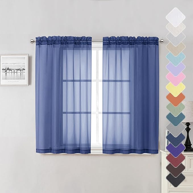Lecloud Royal Blue Sheer Curtains 45 Inch Length 2 Panels, Voile Rod Pocket Curtain Drapes for Small Windows, Modern Farmhouse Curtains for Bedroom Bathroom Basement, Each Panel 42 X 45 Inch
