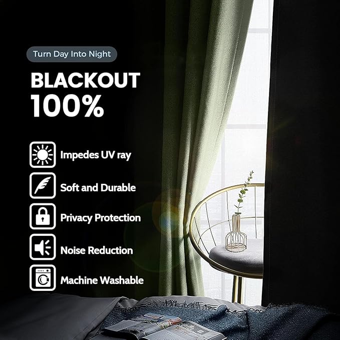 SimpleHome 100% Blackout Curtains for Bedroom,Thermal Insulated Sage Grommet Window Drapes Room Darkening Curtains for Living Room with Black Back,52 x 54 Inch,2 Panels