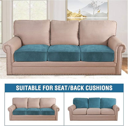 H.VERSAILTEX Velvet Stretch Couch Cushion Cover Plush Cushion Slipcover for Chair Loveseat Sofa Cushion Furniture Protector Seat Cushion Sofa Cover (3 Piece Sofa Cushion Covers, Peacock Blue)