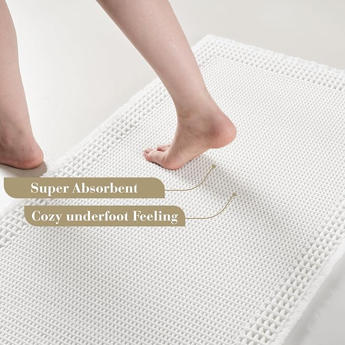 RESARE Waffle Bathroom Runner Rugs, Super Absorbent Bath Mat Non Slip Washable Quick Dry, Upgraded Ultra Soft Boho Bath Rugs with Tassels for Hallway Bedroom Laundry Room, 2'x5'(24"x60"), White