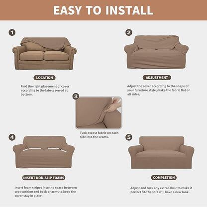 Easy-Going 100% Waterproof Loveseat Couch Cover, Dual Waterproof Sofa Cover, Stretch Jacquard Sofa Slipcover, Leakproof Furniture Protector for Kids, Pets, Dog and Cat(Loveseat, Camel)