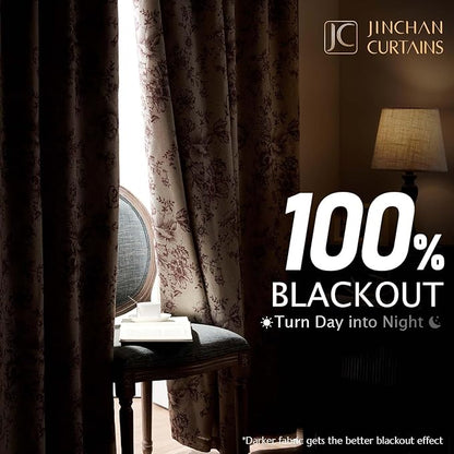 jinchan Blackout Floral Curtains for Living Room Bedroom Linen Blend Curtain Farmhouse Brick Red Printed with Lined Back Tab Rod Pocket Drapes Window Treatments 2 Panels 90 Inch