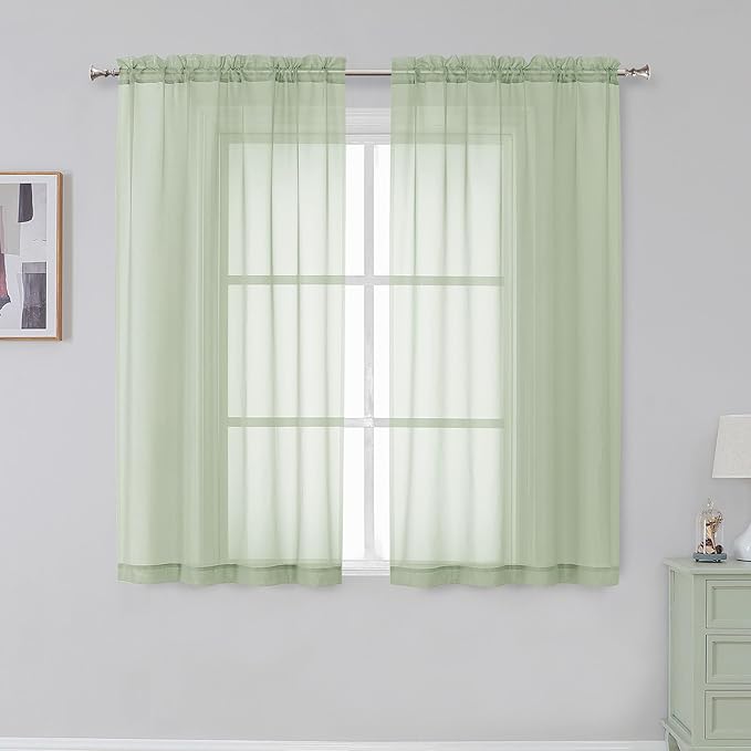 Simplebrand Rod Pocket Top Solid Voile Sheer Curtains for Bedroom, 54 Inch Length Drapes Set of 2, Lightweight and Light Filtering Elegant Curtains Panels Window Treatment, 42W×54L, Light Green