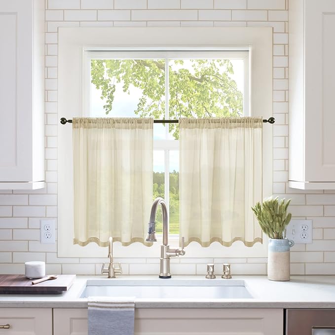 MIULEE Short Sheer Curtains 30 Inch Length for Kitchen Bathroom Cafe Half Window Treatment, Rod Pocket Tier Curtains 2 Panels, 29x30 Inches Long, Beige