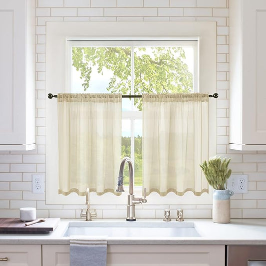 MIULEE Short Sheer Curtains 30 Inch Length for Kitchen Bathroom Cafe Half Window Treatment, Rod Pocket Tier Curtains 2 Panels, 29x30 Inches Long, Beige