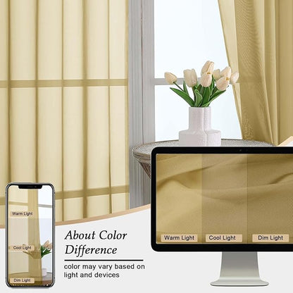 Extra Long Gold Sheer Curtains for Bedroom Living Room 120 Inches Long 2 Panels Set, Solid Soft Light Filtering Rod Pocket Sheer Window Curtains, Gold, Each 59" Wx120 L Inch