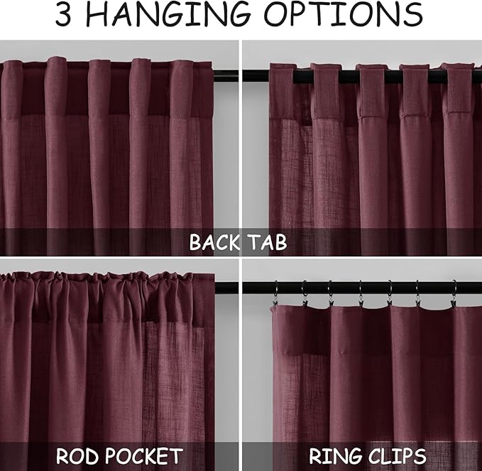 Nanspring Burgundy Linen 144 Inch Curtains for Living Room Light Filtering Semi Sheer Curtain Back Tab Vintage Boho Decor Elegant Drapes Floor to Ceiling High Window for Bedroom 52x144, 2 Panels