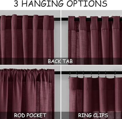 Nanspring Burgundy Linen 144 Inch Curtains for Living Room Light Filtering Semi Sheer Curtain Back Tab Vintage Boho Decor Elegant Drapes Floor to Ceiling High Window for Bedroom 52x144, 2 Panels