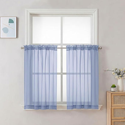 Chyhomenyc Sheer Curtains 36 inch Length 2 Panels Set - Light Filtering Voile Rod Pocket Short Window Curtians for Bathroom Living Room Farmhouse Small Windows, 42Wx36L inches, Denim Blue