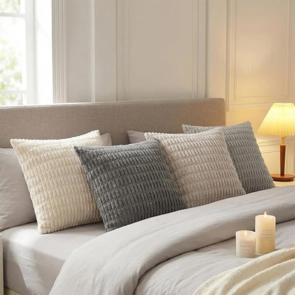 Fancy Homi Set of 4 Grey and White Decorative Throw Pillow Covers 18x18 Inch for Couch Bed Chair, Modern Farmhouse Boho Room Decor, Soft Fuzzy Double Sided Corduroy Textured Striped Cushion Case 45cm