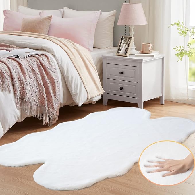 ORINOVA White Faux Rabbit Shaggy Fur Rug 4x6 Area Rugs for Living Room Washable Rugs Teen Room Bedroom Home Décor
