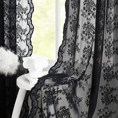 YJ YANJUN Vintage Lace Curtains 84 Inches Long-Victorian Floral Pattern Black Sheer Curtain Panels for Living Room Bedroom,Light Filtering, Gothic Witchy Halloween Drapes 2 Panels 52W x 84L