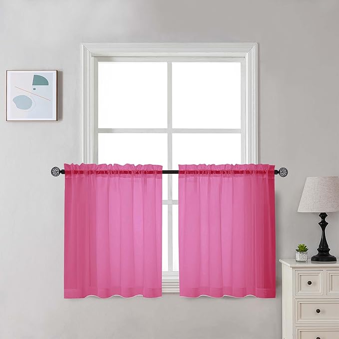 Chyhomenyc Hot Pink Sheer Curtains 30 inch Length 2 Panels, Light Filtering Voile Rod Pocket Short Window Curtians for Bathroom Living Room Farmhouse Small Windows, 42Wx30L inches