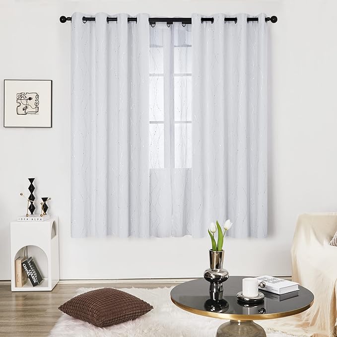 Deconovo Bedroom Curtains, Room Darkening Drapes, Thermal Insulated Soundproof Panel, Silver Wave Dot Print, 52 x 72 Inch, Machine Washable Window Panels for Living Room Home, Set of 2, Greyish White