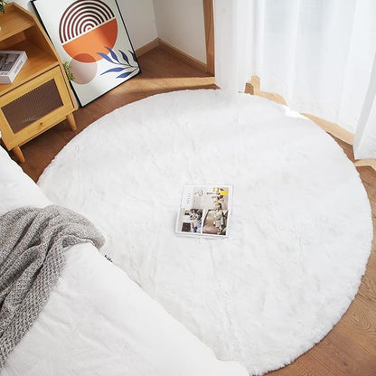 Ghouse Faux Rabbit Fur Round Rug 8ft White Round Rugs for Bedroom Decor Fluffy Area Rugs for Living Room, no-Shedding Carpet Sheepskin Washable Rug Rome Decor
