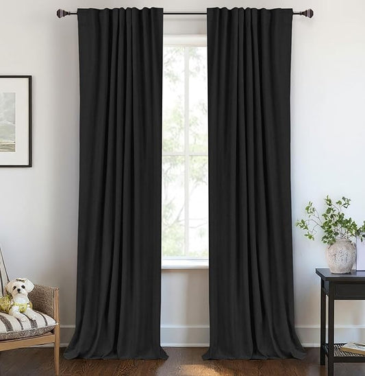 100% Blackout Shield Linen Blackout Curtains for Bedroom 72 Inches Long, Back Tab/Rod Pocket Living Room Drapes, Thermal Insulated Blackout Curtains 2 Panels Set, 50" W x 72" L, Black
