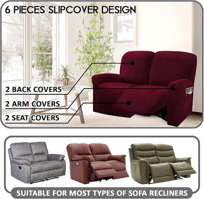ULTICOR Reclining Love Seat Slipcover, 48" - 65" L, 6-Piece Velvet Stretch Loveseat Reclining Sofa Covers, 2 seat Love seat Recliner Cover, Thick, Soft, Washable (Burgundy - Wine)