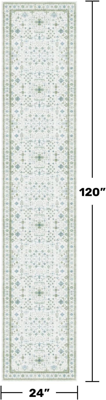 Hazo Haus Oushak Runner 2x10 Hallway Rug - Floral Pastel Boho, Washable Low Pile Non Slip Extra Long Runner Rugs for Kitchen, Hall Way - Cream Blue and Green