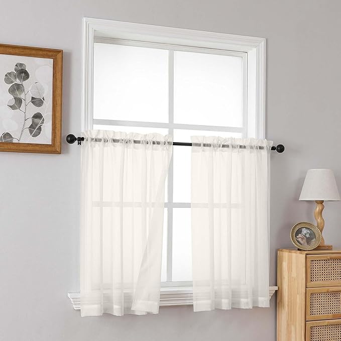 Ivory Small Sheer Curtains 2 Panels Set, Kitchen Curtains 36 Inch Length, Elegant Light Filtering Short Window Drapes for Living Room Bedroom, Dual Rod Pocket Design, 2x42Wx36L Inches