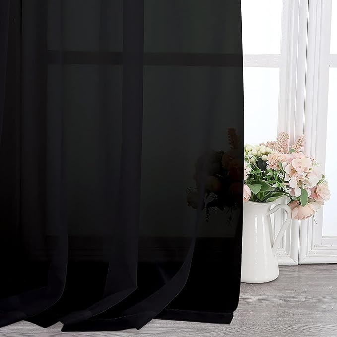 Chyhomenyc Extra Long Black Sheer Curtains 144 inch 2 Panels Set, Translucent Backdrop Window Scarf Drapes for Canopy Bed/Wedding/Living Room/Anniversary, 12FT Length, Each 42Wx144L in, 2PCS, Black