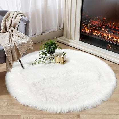 Round Fur Fluffy Area Rug for Bedroom, White Faux Fur Rugs Furry Circle Rug for Kids Room, Cute Furry Nursery Carpet, Plush Shag Circular Rugs Floor Carpets for Teen Girl Room, 3x3 Ft