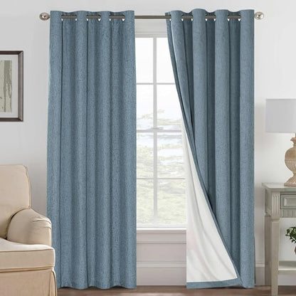 H.VERSAILTEX Linen Blackout Curtains 84 Inches Long 100% Blackout Thermal Insulated Textured Linen Look Curtain Draperies Anti-Rust Grommet, Energy Saving with White Liner, 2 Panels, Stone Blue