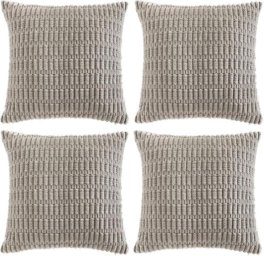 Fancy Homi 4 Packs Grey Decorative Throw Pillow Covers 24x24 Inch for Living Room Couch Bed, Rustic Modern Farmhouse Boho Home Decor, Soft Plush Corduroy Gray Cute Square Accent Cushion Case 60x60 cm
