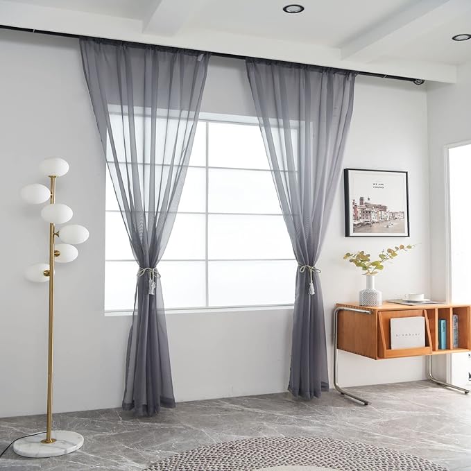 SpaceDresser Sheer Voile Window Treatment Rod Pocket Curtain Panels for Kitchen Bedroom Living Room Drapes Sunlight Filtering Privacy Semi Home Decor Assorted Colors Sizes (Grey, 52 W x 45 L)