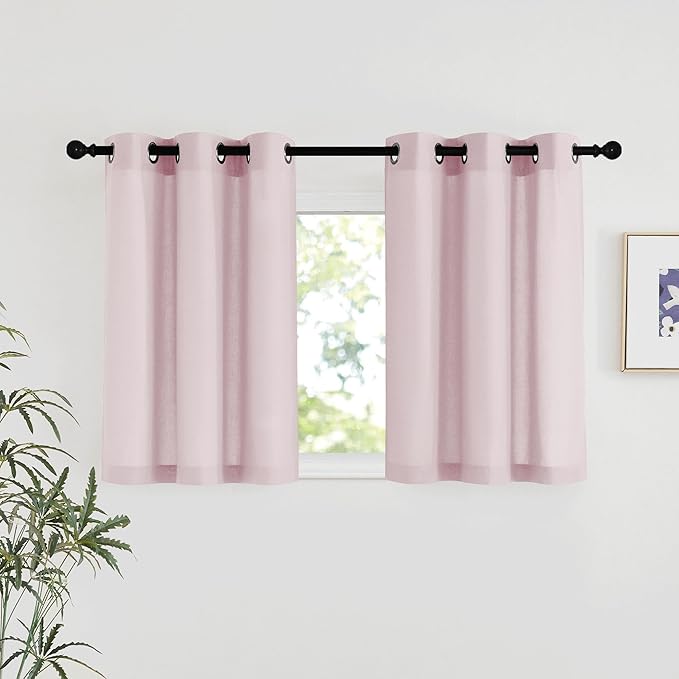 NICETOWN Blush Pink Linen Curtains for Kitchen, Thick Flax Small Window Treatments Semi Sheer Privacy Assured with Light Through for Cafe/Bathroom, W42 x L36, 2 Panels