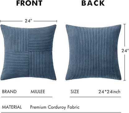 MIULEE Blue Decorative Euro Sham Pillow Covers 24x24 Inch for Bed Couch Sofa Pack of 2 Boho Farmhouse Throw Pillows Soft Cross Corduroy Patchwork Textured Cushion Cases