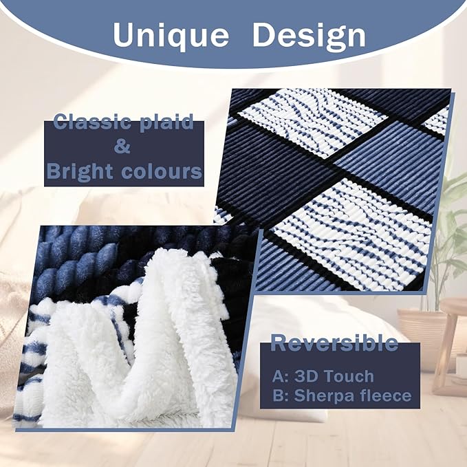 PU MEI Sherpa Blanket Fleece Throw Blanket Twin Plaid Thick Bed Blanket, Soft Warm Cozy Throw Blanket, 60”*80” Zebra-Blue