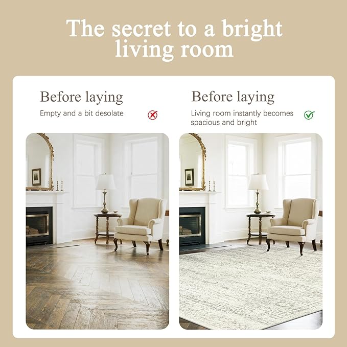 Washable Rugs 9x12 Area Rugs for Living Room,Bedroom,Dining Room- Large Ultra Soft Faux Wool Retro Carpets,Non Slip&Non-Shedding Low Pile Vintage Print Rug for Home Office Decor- Beige
