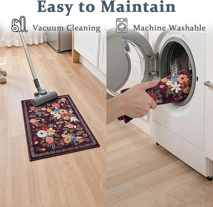 Area Rugs 24x17 Inch Home Decor Entry Rug, Small Door Mat Bath Mats for Bathroom, Ultra-Thin Non Slip Floral Low Pile Tub Mat for Sink Shower Doorway Tub Kitchen Sink(2 x 1.4 ft, Purple)