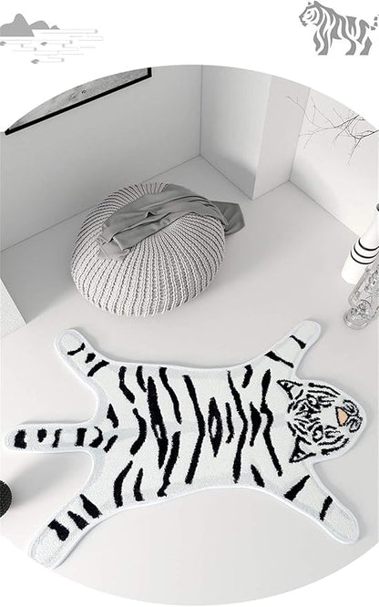 Tiger Print Rug Cartoon Cute Faux Area Rugs Fluffy Animal Print Mat Carpet Kids Small Rugs for Playroom Room Home Decor (2.6x1.8Ft /32.2" Lx21.4 W（54.5x82cm）,White)