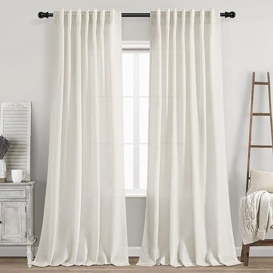 Nanspring Cream Linen Curtains 89 Inches Long for Bedroom Back Tab Light Filtering Privacy Sheer Curtains Modern Farmhouse Coastal Decor Cotton Textured Gauze Curtain for Bathroom 2 Panel Set 52x89