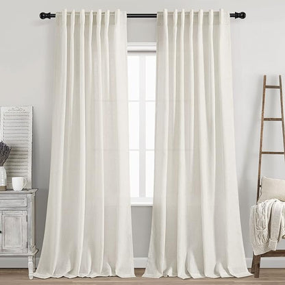 Nanspring Cream Semi Sheer Linen Curtains 88 Inch Length for Living Room Back Tab Rod Pocket Modern Farmhouse Coastal Decor Cotton Textured Gauze Curtains 73 Inches Long for Dining Room Office 52x88