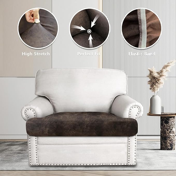 Leather Look Couch Cushion Covers Sofa Seat Slipcovers Sets Couches Furniture Protector for Sectional Armchair Loveseat Pets Kids Stretch Spandex Fabric (1 T-Cushion Armchair, Brown)